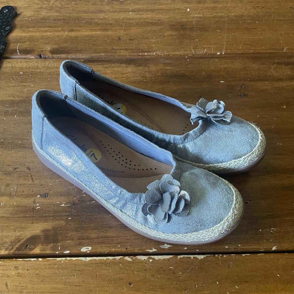 New Nwob Clarks Elaina Jade Pewter Silver Metallic Leather Flats Size 7